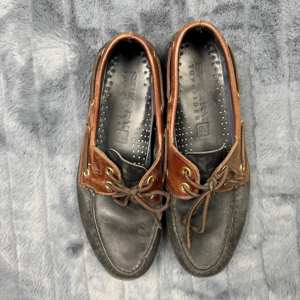 Sperry Top-Sider Authentic Original Mens 10M Black Brown Leather Boat Shoes